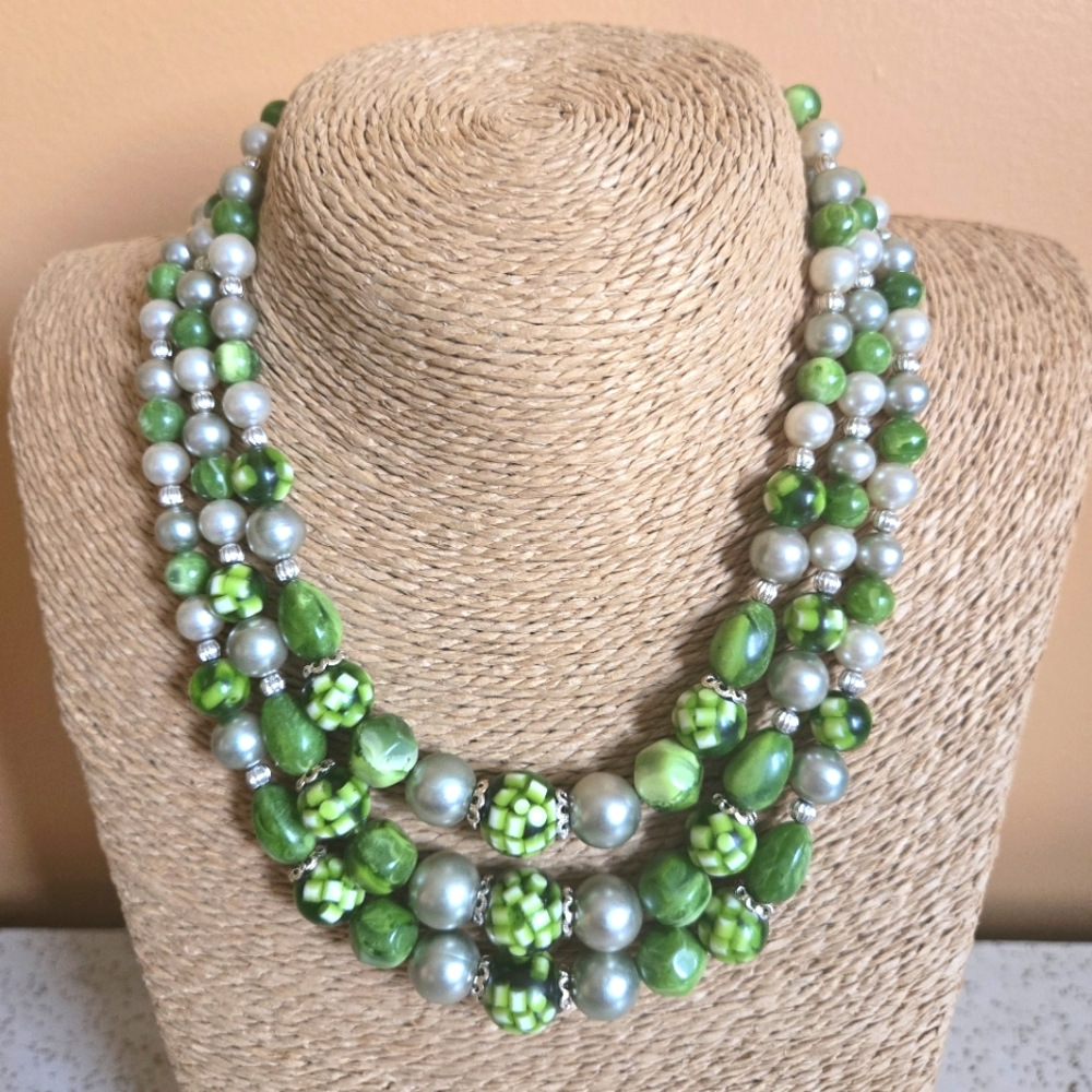Three Strand Green Tone Beaded Necklace